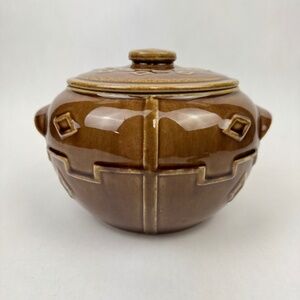 Vintage Monmouth Pottery Brown Glazed Aztec Southwest Bean Pot Cookie Jar